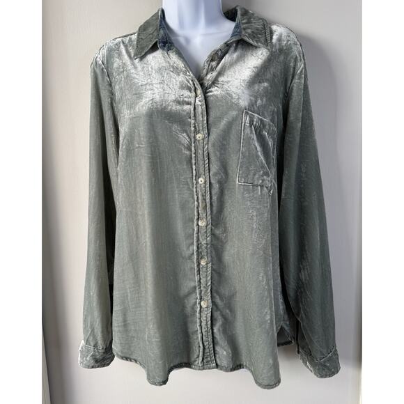 Maeve Anthropologie Button Up Velvet Long Sleeve Top Womens 10 Sage Green Boho - Picture 1 of 12